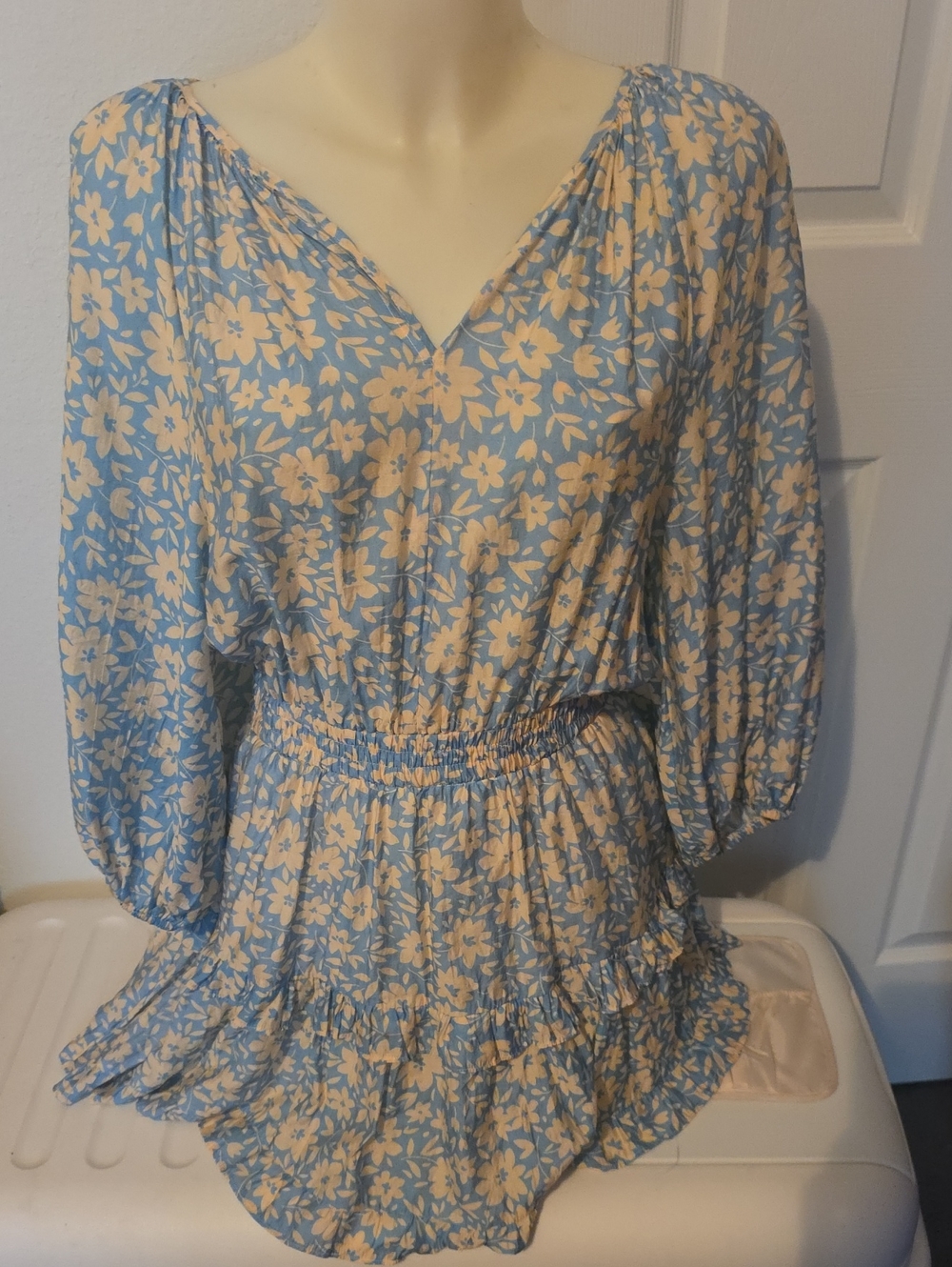 Pinch Sky Blue and Cream Floral V-Neck Smocked Mini Dress